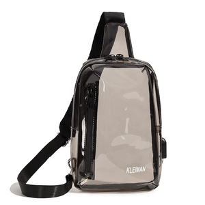 Detail of smoke gray transparent PVC chest bag with USB port and KLEIMAN logo design