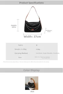 Detailed size chart for black canvas bag showing dimensions 37x24x17cm and carry methods