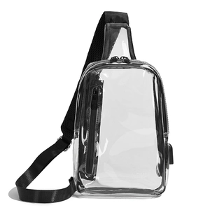 Detail of transparent PVC chest bag featuring external USB port and adjustable strap