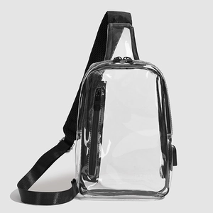 Close-up of waterproof transparent PVC chest bag with black zipper pocket and wide strap