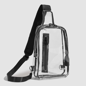 Detail view of transparent PVC chest bag with black nylon straps and zipper pocket