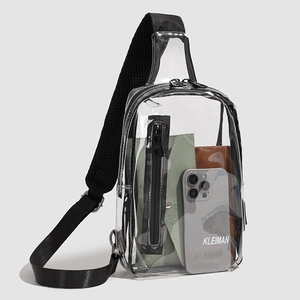 Detail of transparent PVC sling bag showing black trim and organized inner items