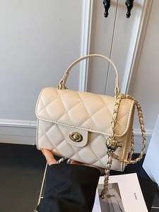 Quilted cream PU leather handbag with gold twist lock and chain strap for women