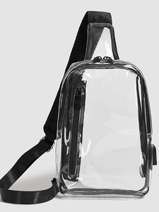 Transparent PVC chest sling bag with USB port and black mesh strap on grey background