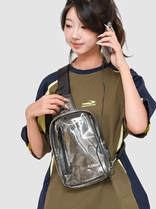Minimalist transparent PVC chest bag with USB charging port and black nylon strap