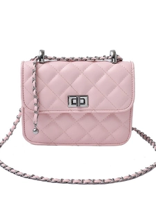Pale pink quilted leather crossbody bag with silver chain strap and square lock clasp