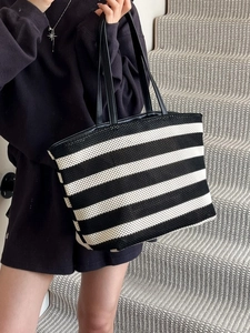 Minimalist Black And White Striped Woven Tote Bag For Women Large Capacity Shoulder Bag Casual Commuting Shopping Bag