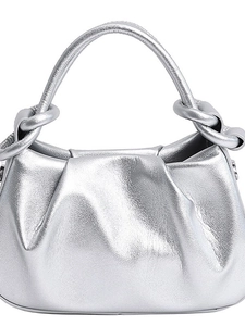 Silver metallic pleated cloud handbag with knotted handle and minimalist lychee texture