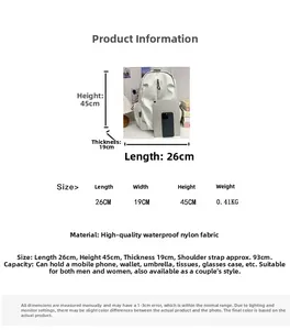 Detailed size guide and technical specs for the minimalist waterproof nylon backpack