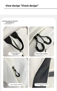 Close-up of white backpack features: dual zippers, front pocket, and padded mesh straps