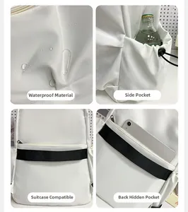 Waterproof white backpack details featuring side water bottle pocket and luggage strap
