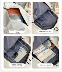 Detailed view of white backpack interior with multi-layer storage and device compartments