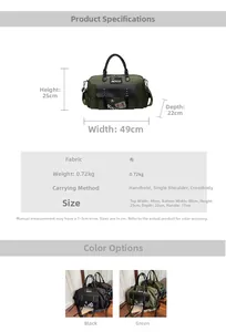 Detailed size chart for the large canvas travel bag showing 49cm length and dual handles
