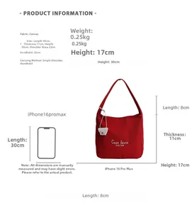 Detailed size chart for red canvas tote bag showing dimensions and iPhone size comparison