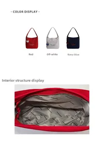 Detail view of canvas tote bags in three colors with zipper and letter printed lining