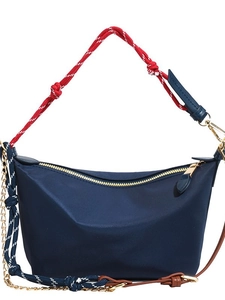 Navy blue nylon shoulder bag with woven rope, gold chain, and leather strap options