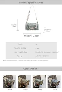 Detailed chart showing canvas pillow bag dimensions and colors with pearl chain strap