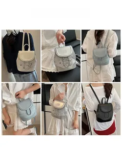 Mini backpack set in beige, silver, light blue, and black showing various carry styles