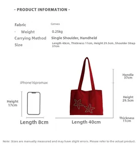 Size chart showing dimensions of the red canvas tote bag with iPhone 16 Pro Max scale