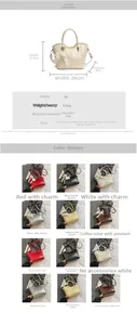 Detailed size chart and multi-color swatches for women's solid bucket bag with pearl charm