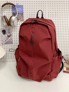 Deep red large capacity fashion backpack with vertical zipper for school and travel
