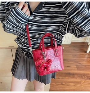 Vue détaillée du mini sac seau en cuir ciré rouge avec breloque chien et chaîne argent