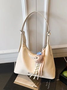 Chic cream white Hobo shoulder bag with pleated texture and cute plush pendant charm
