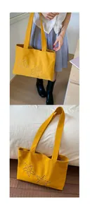 Close-up of yellow canvas tote bag with gold rivet star patterns and wide shoulder straps