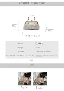 Detail view of jacquard fabric vintage evening bag with pearl chain and metal handle
