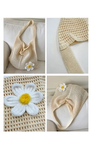 Detailansichten der beigefarbenen Häkeltasche mit weißer 3D-Gänseblümchen-Verzierung