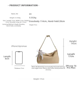 Size specifications of beige dumpling bag with bow, pearls, and dimension measurements
