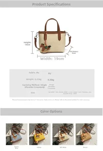 Detailed size specifications and four color variants of the canvas crossbody tote bag