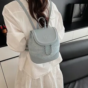 Fashion Women Mini Backpack Casual Versatile Denim Patchwork Bag With Chain Embroidery Lettering Small Travel School Rucksack