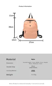 Detailed technical specifications and dimensions for this lightweight pink nylon backpack
