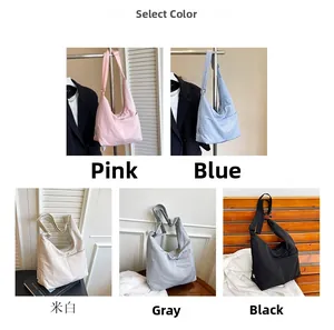 Selection of multi-color nylon tote bags in pink, blue, beige, grey, and black colors