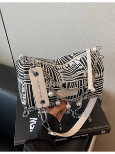 Women Canvas Crossbody Bag Niche Fashion Geometric Zebra Stripe Artificial Pearl Chain Decoration Shoulder Cylinder Pillow Bag Handbag