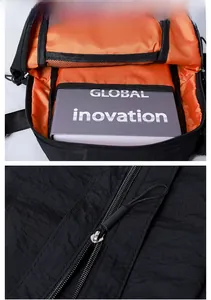 Detail showing high-contrast orange interior lining and functional mesh pockets on black backpack