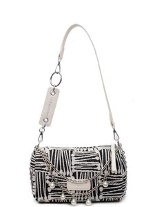 Fashionable canvas cylinder shoulder bag with pearl chain charms and white leather straps