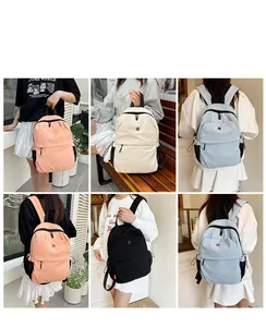 Collage of casual women's backpack showing multi-color options and functional side pockets