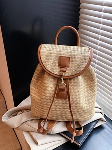 Zaino in Paglia Intrecciata Casual da Donna Finiture in Pelle PU Grande Capacità Estate Spiaggia Vacanza Viaggio Borsa a Tracolla
