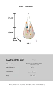 Size specifications for cream crochet tote bag with colorful 3D floral accents