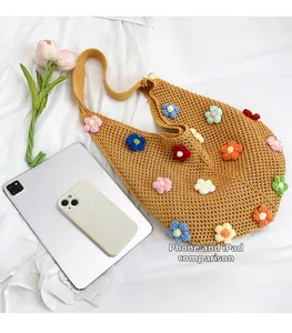Detailed view of handmade ginger crochet tote bag with colorful 3D flowers and large capacity