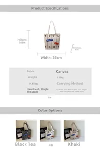 Detailed dimension guide for the large canvas tote bag with lettering and measurements