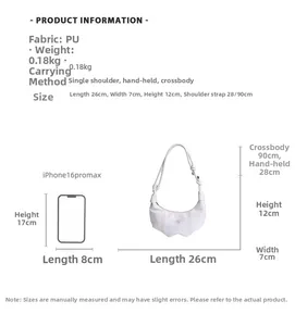 Detailed size chart for white PU moon bag showing dimensions and phone size comparison