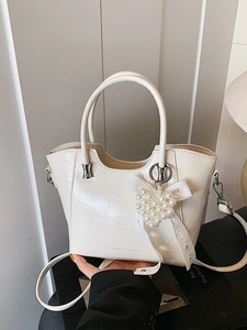 Women Ruched Faux Leather Bucket Bag With Artificial Pearl Heart Charm Lace Bow Stylish Handbag Shoulder Crossbody Bag For Office Dating