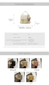 Detailed specs showing PU leather backpack with bear pendant and multi-color options