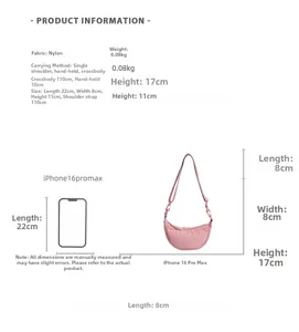 Size chart showing nylon dumpling bag dimensions 22x8x11cm and pink material detail