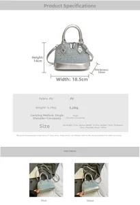 Detail view of mini shell handbag showing dimensions and adjustable 120cm shoulder strap