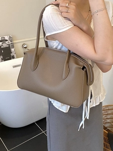 Litchi texture tote bag in taupe with long handles and silver metal zipper for women