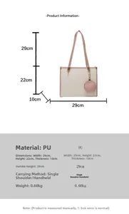Detailed size chart for the white PU tote bag with dimensions 29x22x10cm and specifications